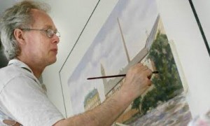 Clas-Åke Schlönzig avslutar sin målning av Spången.